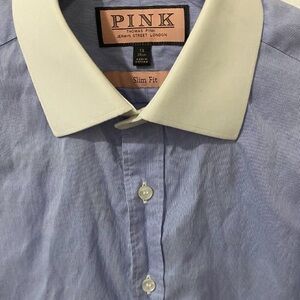 THOMAS PINK blue & white pinstripe white collar & French cuffs slim fit shirt 15